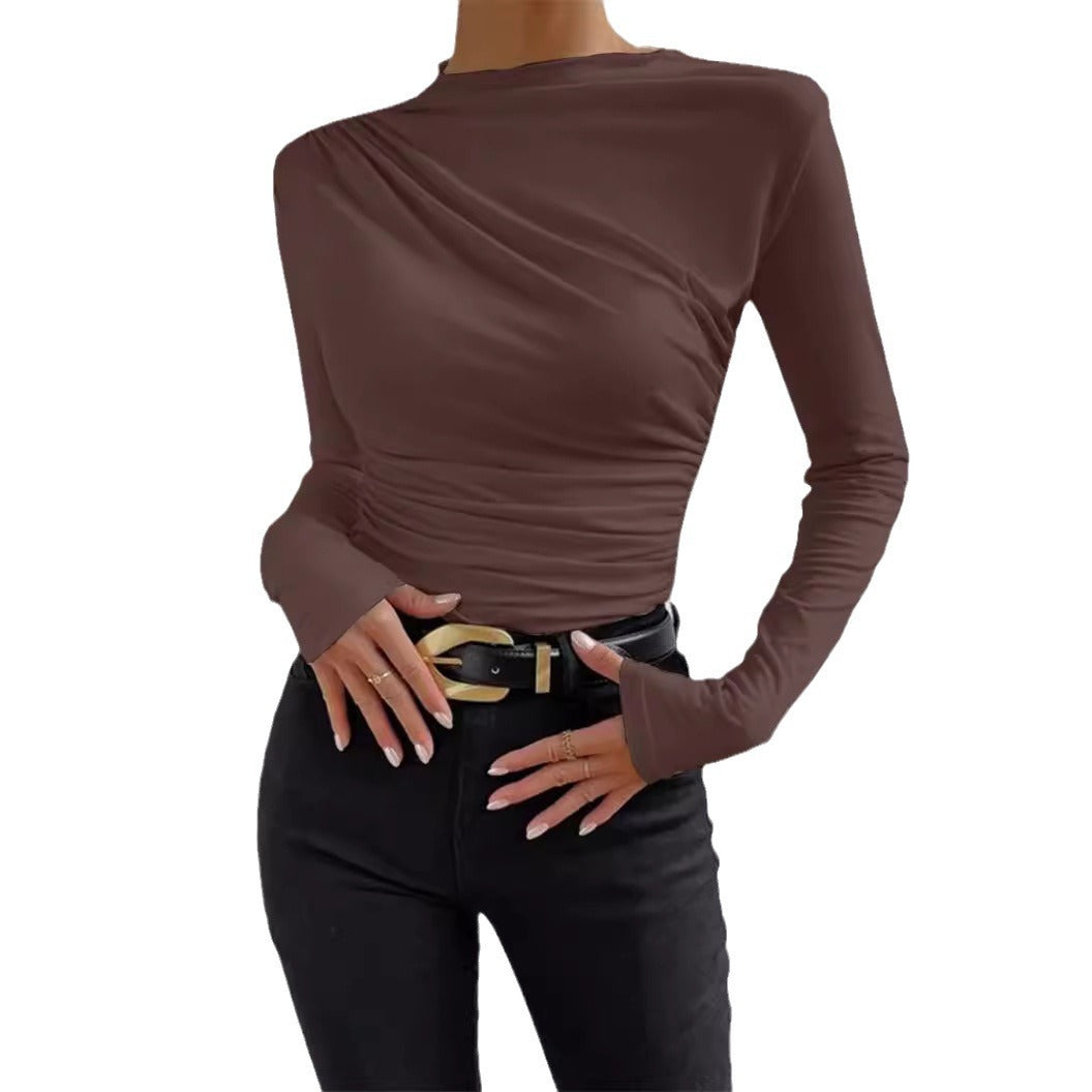 Damen nan figurbetontes Langarmshirt mit asymmetrischer Raffung am Vorderteil und U-Boot-Ausschnitt R&B