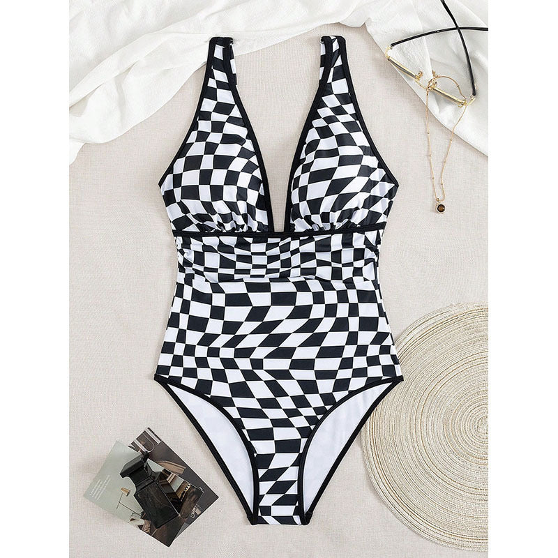 Damen Einteiler Badeanzug mit aufregendem Schachbrettmuster und figurbetonendem Design R&B