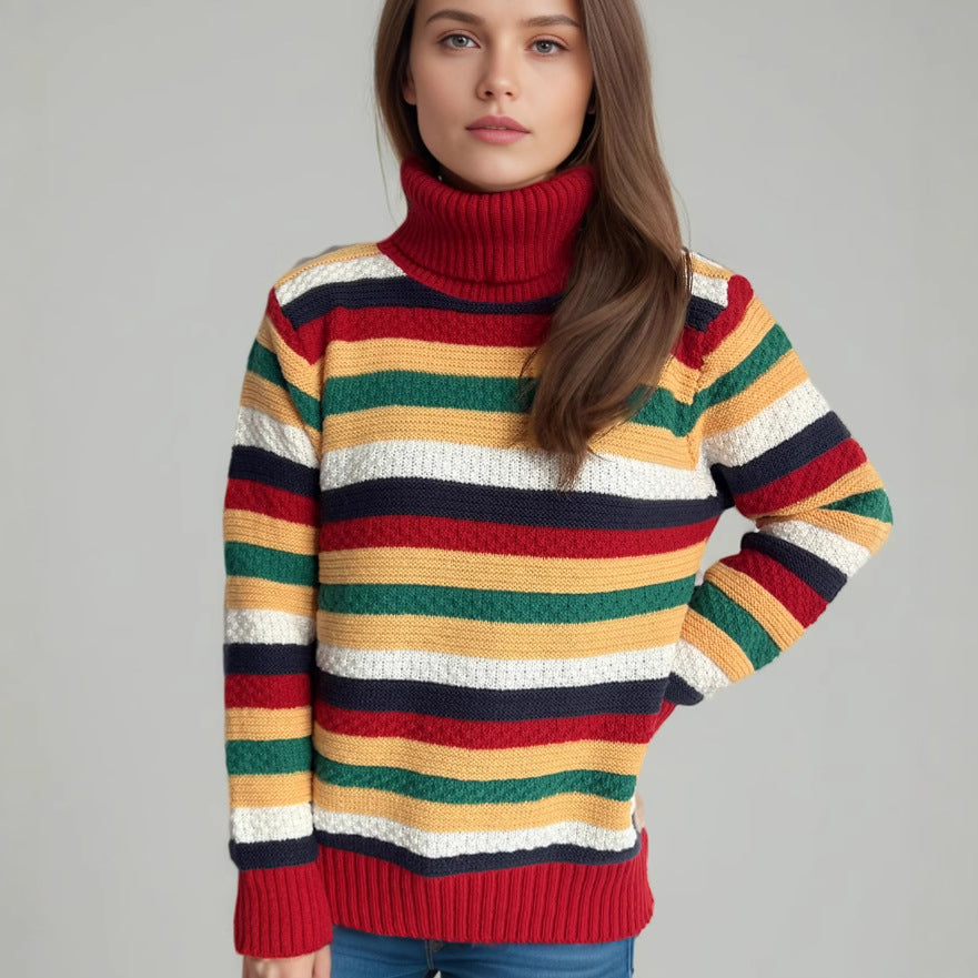 Damen Rollkragenpullover mit farbenfrohen Streifen und hochwertiger Strickqualität R&B