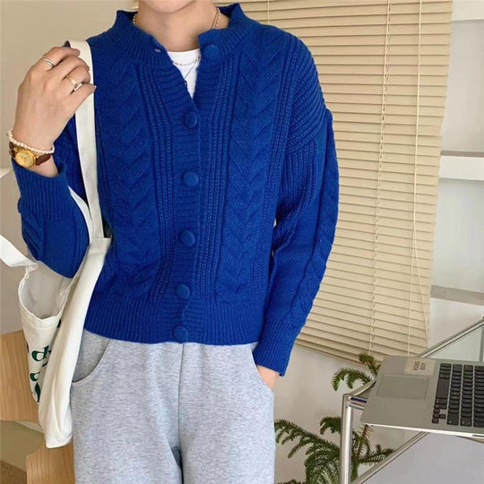 Damen gemütlicher Strickcardigan mit geflochtenem Muster und großen Knöpfen R&B