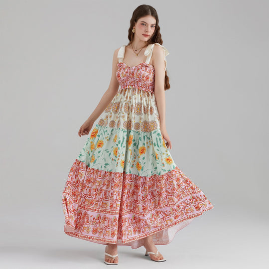 Damen Maxikleid mit floralen Falten und großzügigem A-Linien-Schnitt R&B
