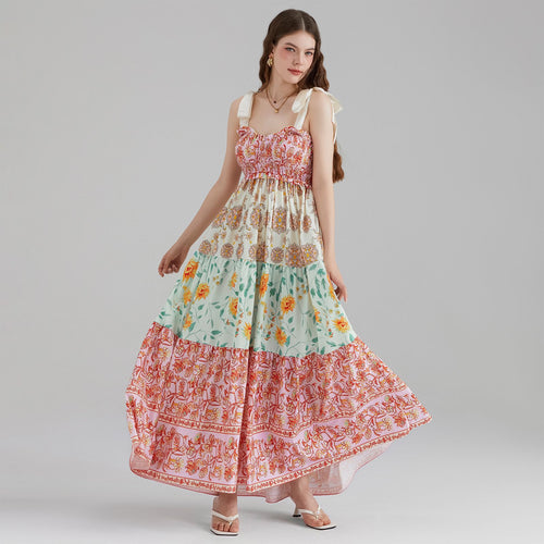 Damen Maxikleid mit floralen Falten und großzügigem A-Linien-Schnitt R&B