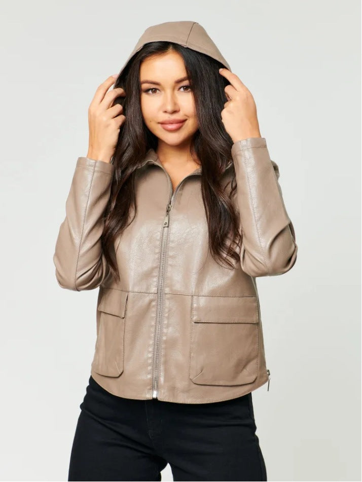 Damen Kunstlederjacke mit angeschnittenem Hoodie und praktischen Taschen R&B