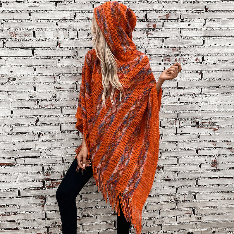 Damen Strickponcho mit Kapuze und fransigem Design