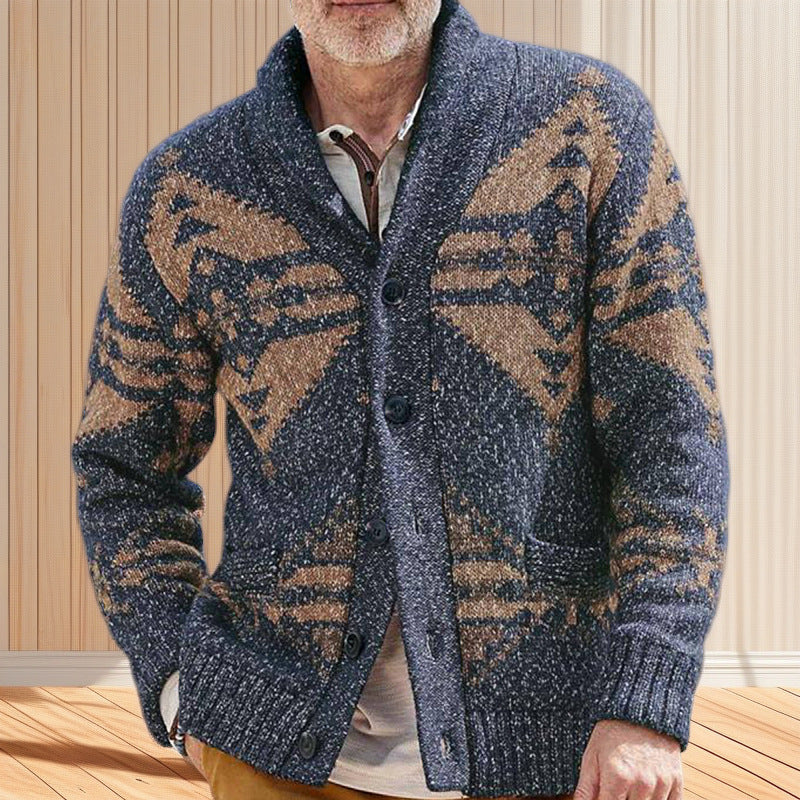 Herren Strickjacke mit einzigartigem geometrischen Muster und tiefem Kragen R&B