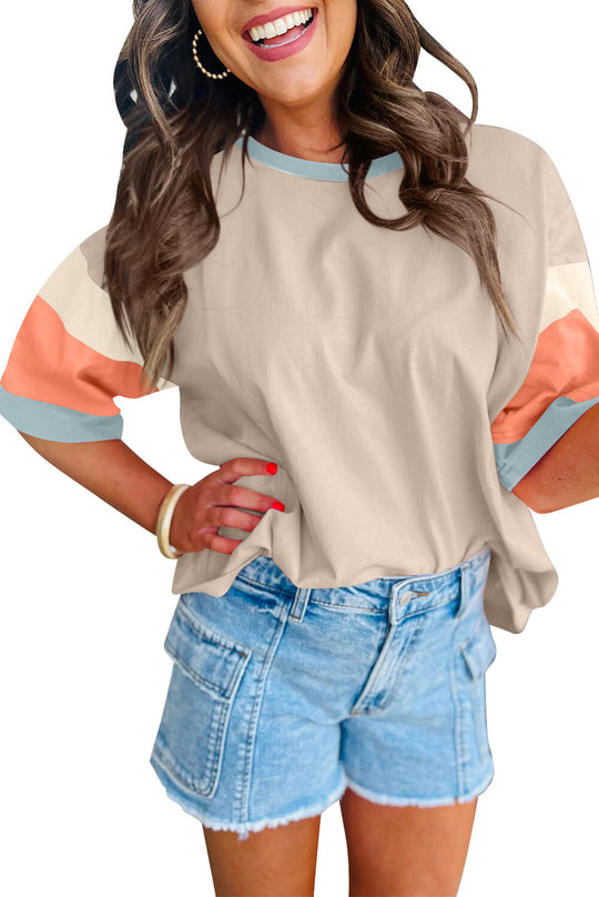Damen lässiges T-Shirt mit farbenfrohen Ärmeln und weitem Schnitt R&B