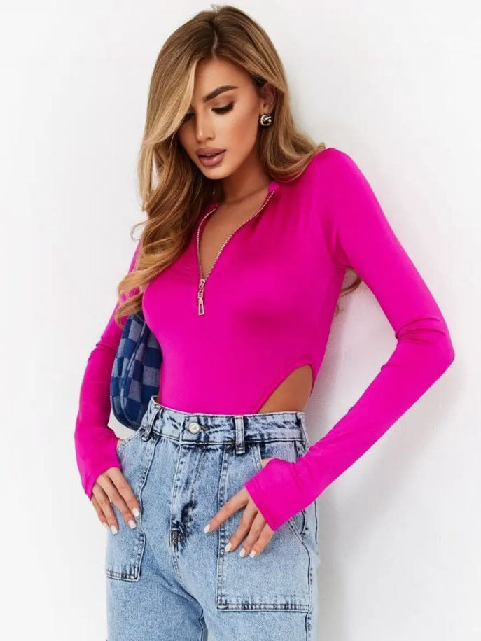 Damen Langarm-Bodys mit Reißverschluss und seitlichem Cut-Out R&B