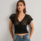 Damen Elegantes Spitzenoberteil mit V-Ausschnitt und weitem Schnitt R&B