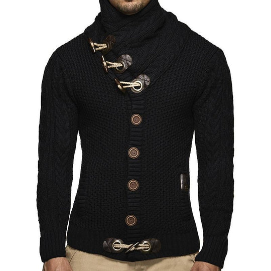 Herren gestrickter Cardigan mit hohem Kragen und modernen Holzknebel R&B