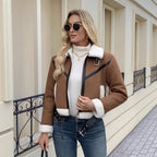 Damen Stylische Jacke mit Kunstfellbesatz und dekorativen Schnallen R&B