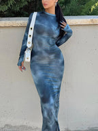 Damen Langarm Maxikleid aus Stretchmaterial mit abstraktem Farbverlauf R&B