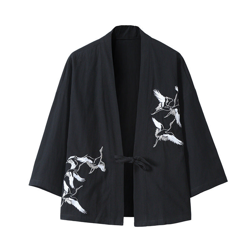 Unisex nan japanisch inspirierte Kimonojacke mit Kranichstickerei und Bindeschließe R&B