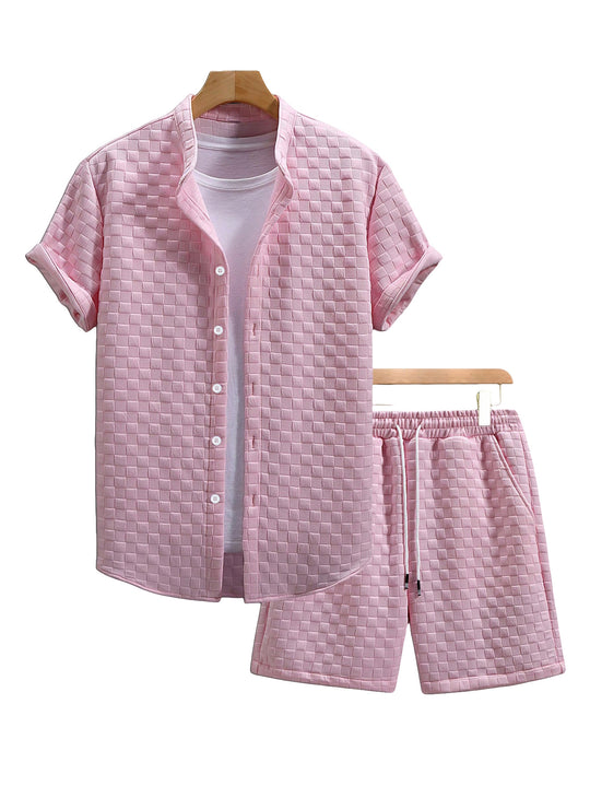 Herren nan zweiteiliges Sommerensemble mit Stehkragen-Hemdjacke und elastischen Komfort-Shorts in geprägter Karo-Textur R&B