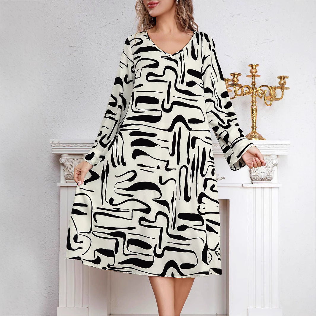 Damen Midikleid mit modernem Grafikdruck und V-Ausschnitt R&B