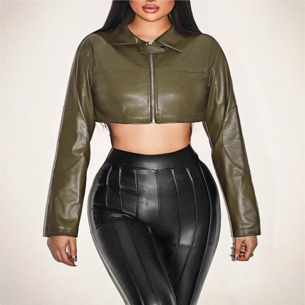Damen cropped Kunstlederjacke mit innovativem Reißverschluss R&B