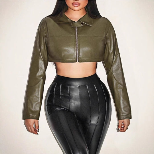Damen cropped Kunstlederjacke mit innovativem Reißverschluss R&B
