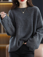 Damen weicher Strickpullover mit weitem Schnitt und legerem V-Ausschnitt R&B