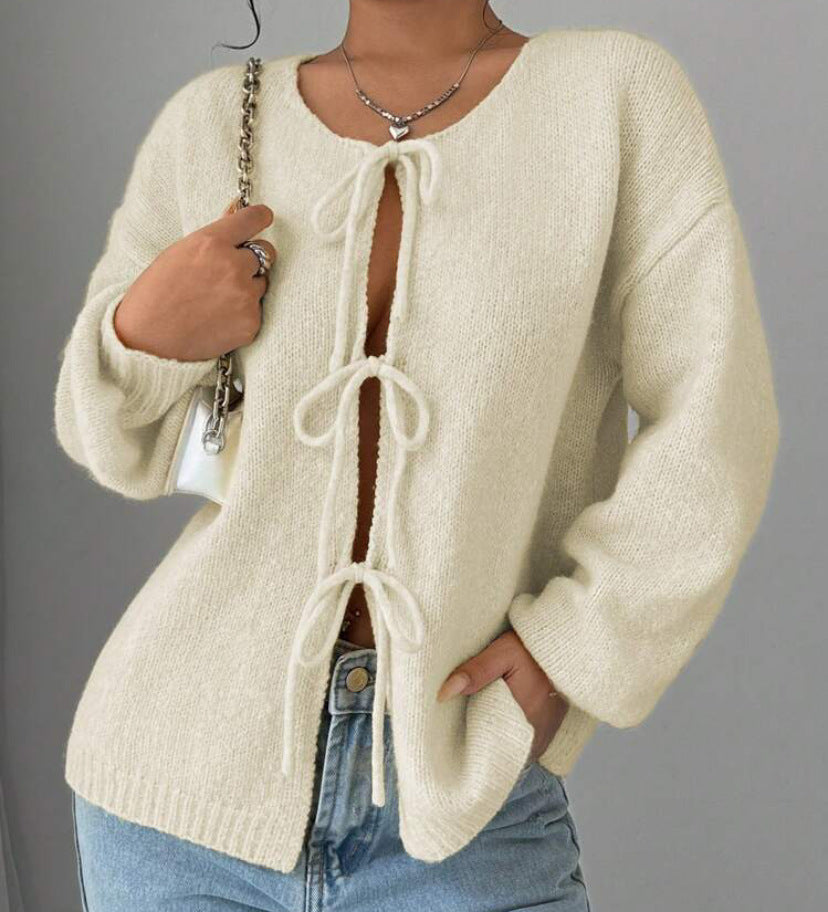 Damen Oversized Strickpullover mit dekorativem Schnürdetail R&B