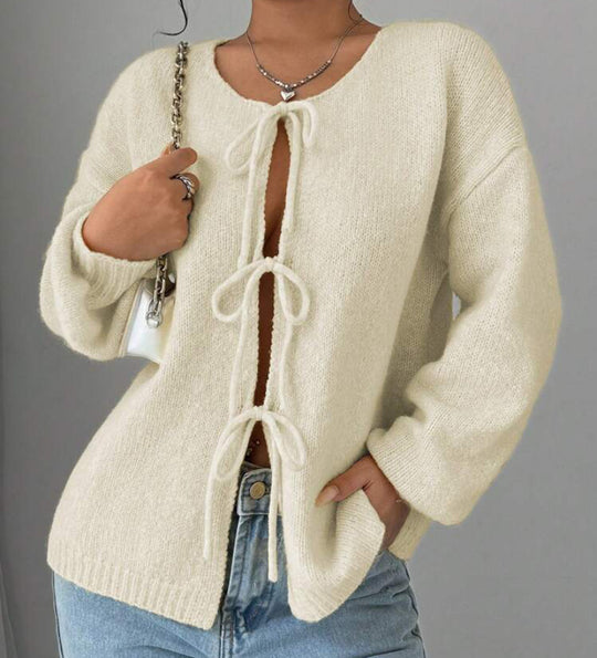 Damen Oversized Strickpullover mit dekorativem Schnürdetail R&B