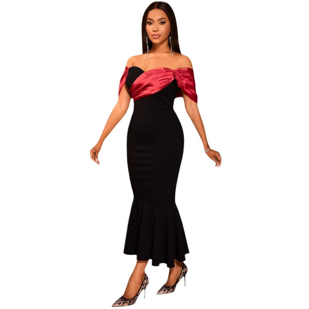 Damen elegantes schulterfreies Maxikleid mit voluminösen Rüschen R&B