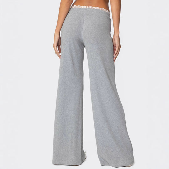 Damen Hellgraue Freizeithose mit elastischem Bund und dekorativem Spitzenabschluss R&B