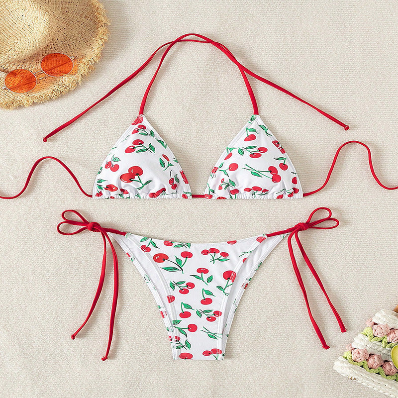 Damen Triangel-Bikini mit Krawattenverschluss und verspieltem Kirschdesign R&B