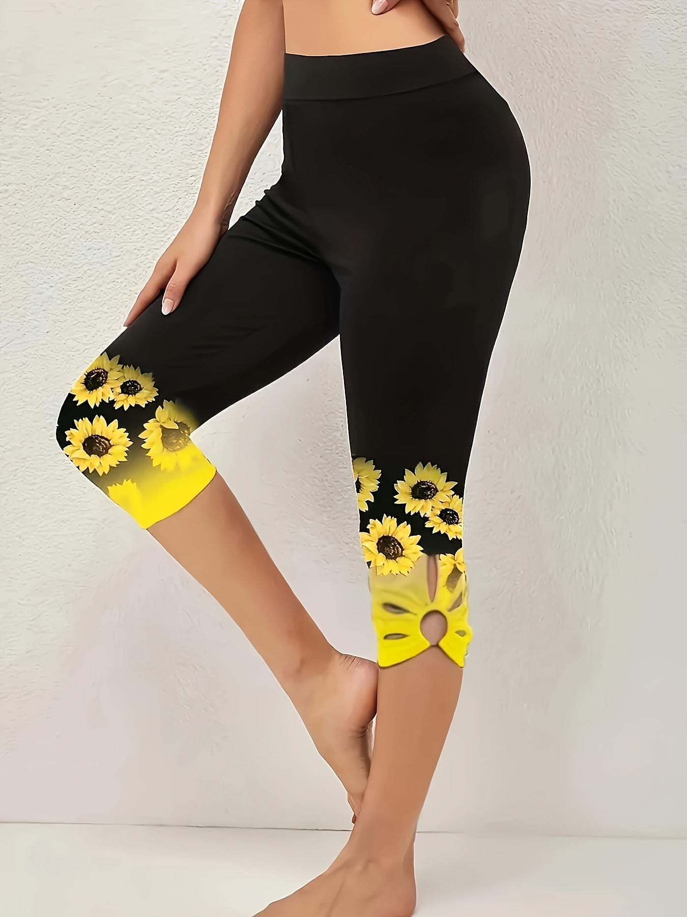 Damen Capri-Leggings mit einzigartigem Sonnenblumen-Design und hohem Bund R&B