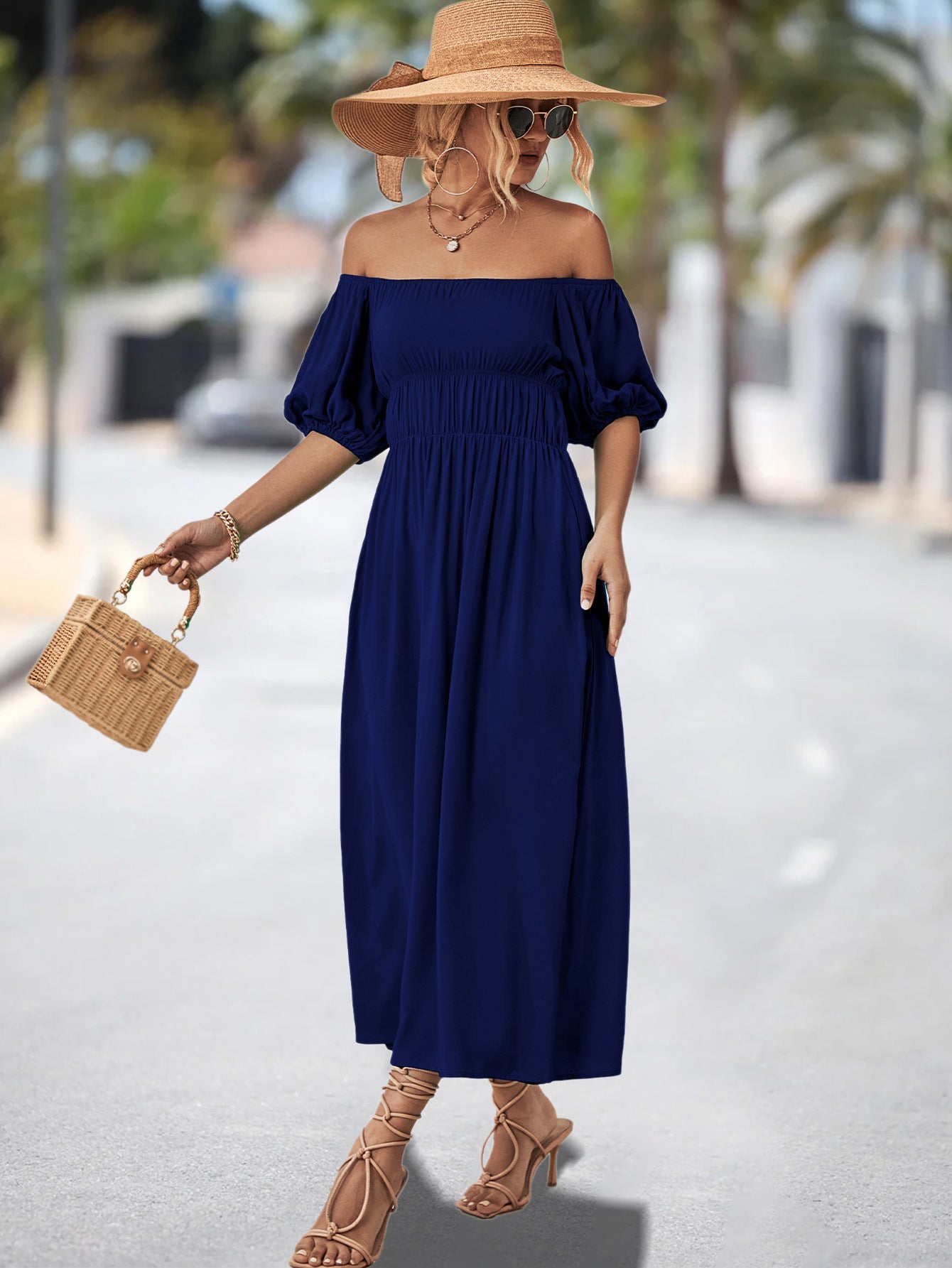 Damen Off-Shoulder Maxikleid mit voluminösen Puffärmeln und elastischem Taillenband R&B