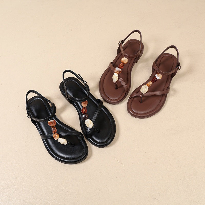 Damen Zehentrenner-Sandalen mit dekorativen Muschel- und Perlenakzenten