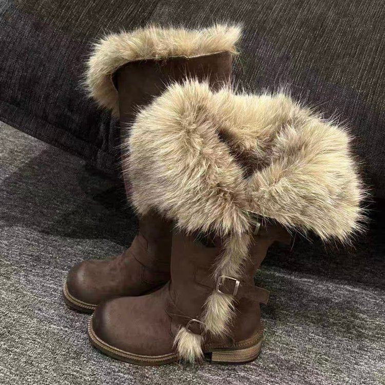 Damen Winterstiefel mit flauschigem Kunstfellkragen und modischen Schnallen R&B