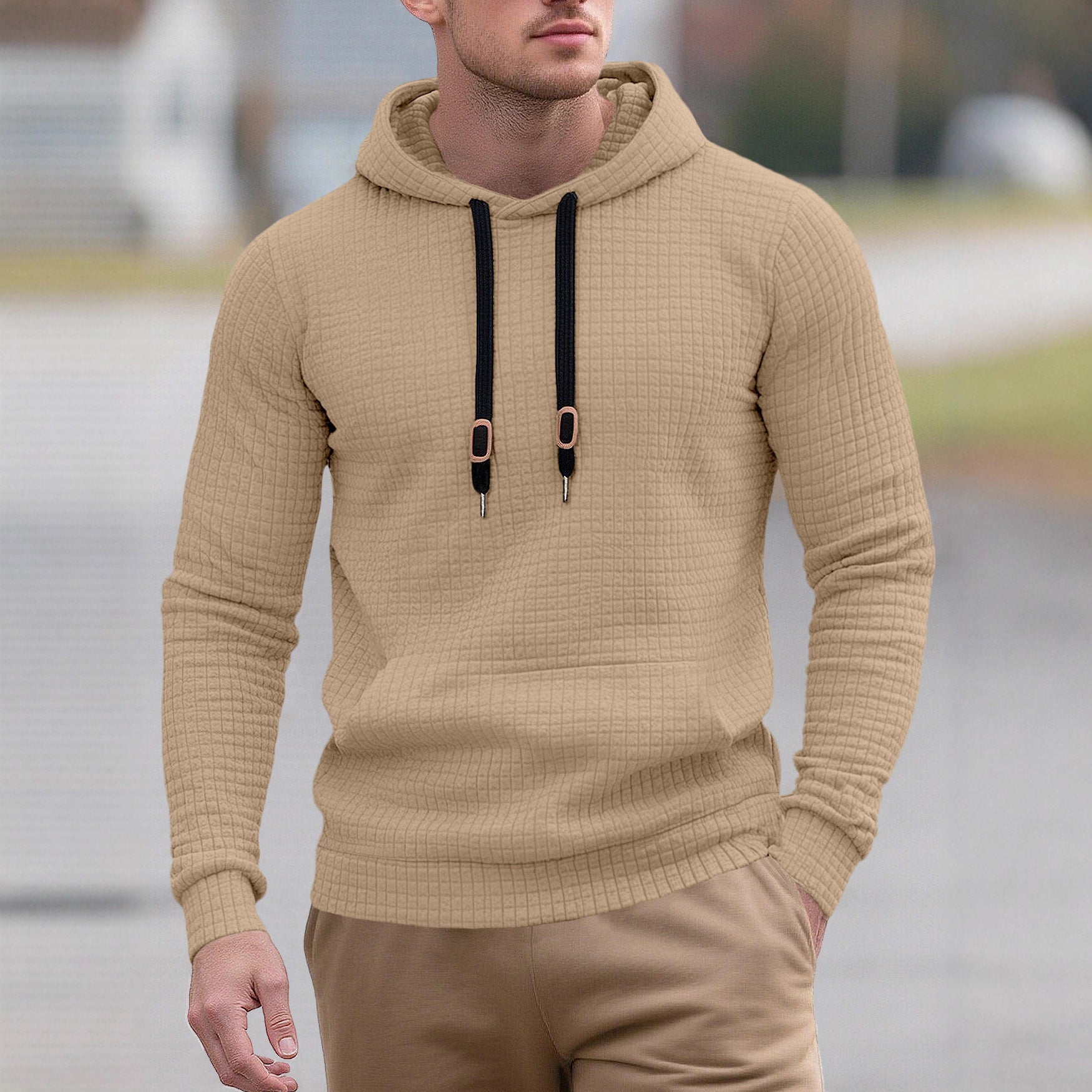 Herren nan schmal geschnittener Stepp-Kapuzenpullover mit feiner Quadratstruktur, Kordelzug und geripptem Saum R&B