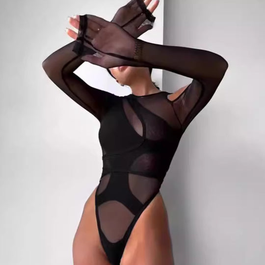 Damen Trendy Bodysuit mit asymmetrischem Design und transparenten Einsätzen R&B