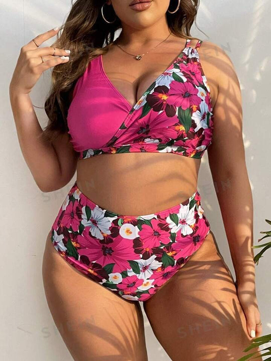 Damen Hochgeschnittener Bikini mit Wickeldesign und floralem Muster R&B