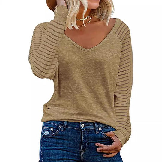 Damen Langärmliges V-Ausschnitt Shirt mit gestreiften Ärmeln R&B