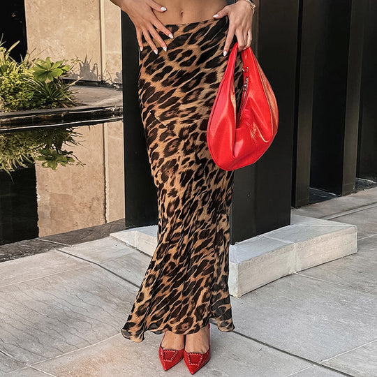 Damen Eleganter Maxirock mit lässigem Leoprint und feinem Fließdesign R&B