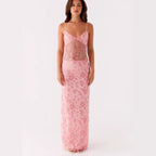 Damen Elegantes Maxikleid mit transparenten Spitzenakzenten und floralen Verzierungen