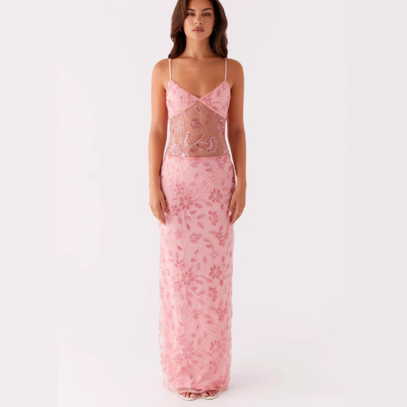 Damen Elegantes Maxikleid mit transparenten Spitzenakzenten und floralen Verzierungen
