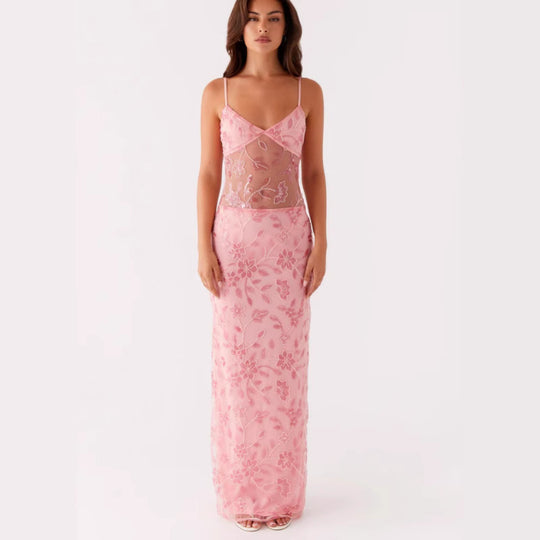 Damen Elegantes Maxikleid mit transparenten Spitzenakzenten und floralen Verzierungen R&B