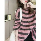 Damen Grobstrickpullover mit lässigem Streifenmuster und voluminösen Ärmeln R&B