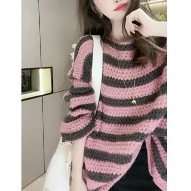 Damen Grobstrickpullover mit lässigem Streifenmuster und voluminösen Ärmeln R&B