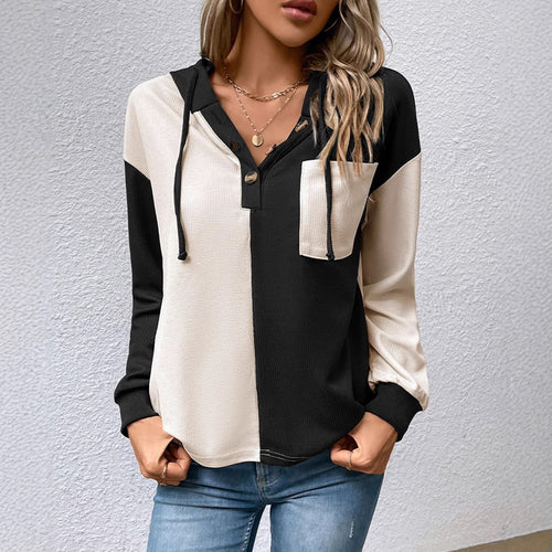 Damen nan Waffelstrick-Hoodie mit Henley-Knöpfen, Brusttasche und Kapuze R&B
