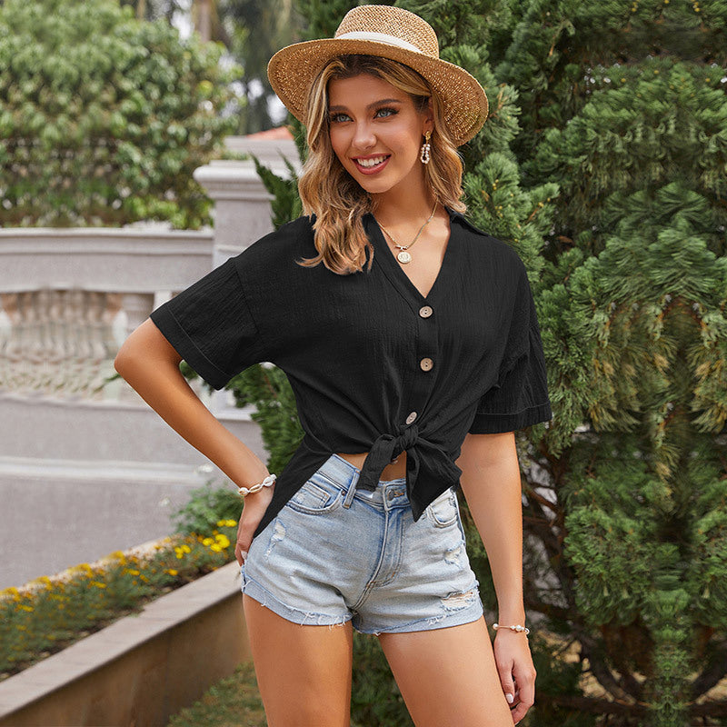 Damen lässige Knotenbluse mit kurzen Ärmeln und Knopfdetails R&B