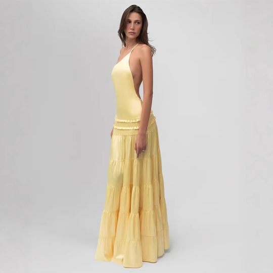 Damen elegantes asymmetrisches Maxikleid mit Rüschendetails R&B