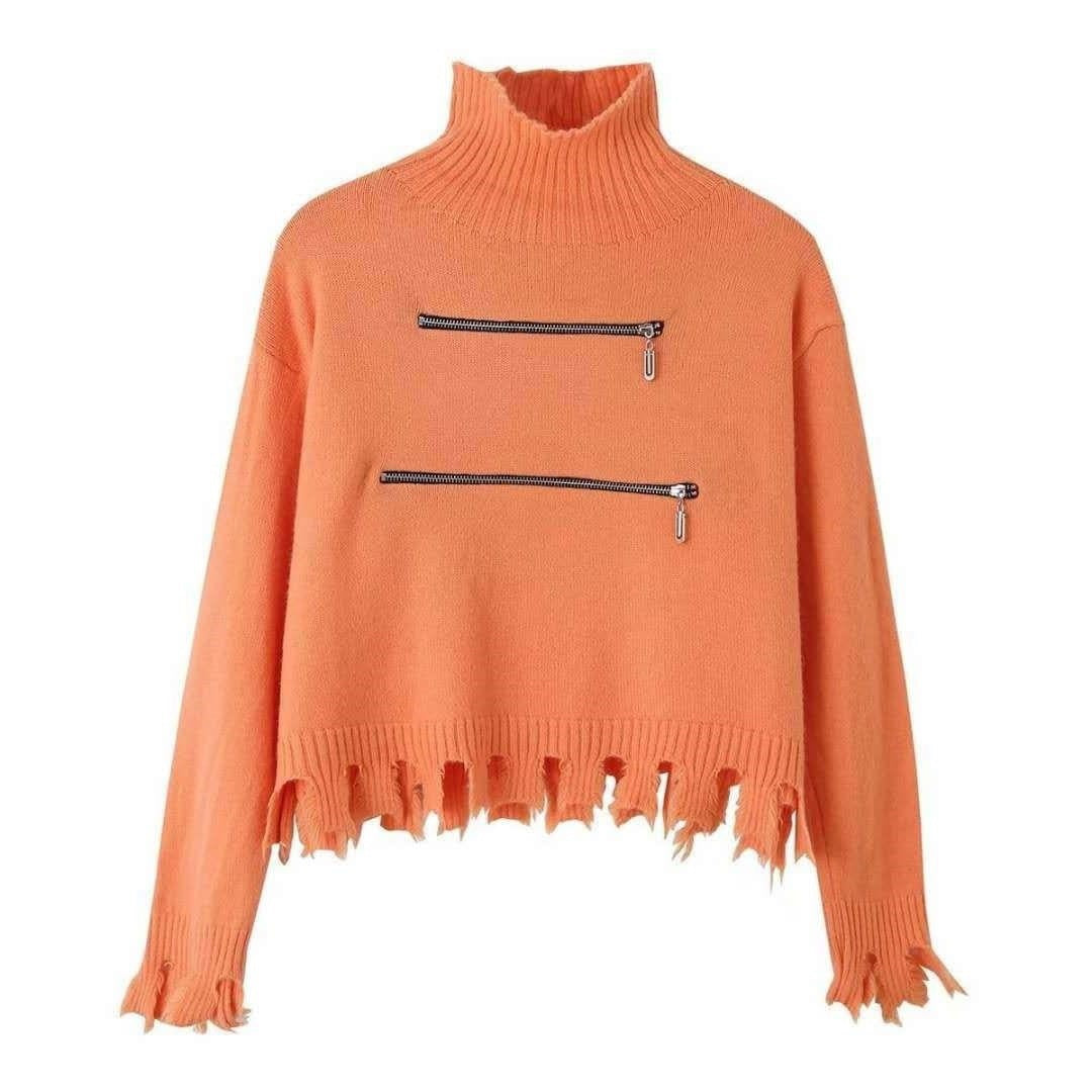 Damen Modischer Strickpullover mit Stehkragen und Reißverschlussdetails R&B