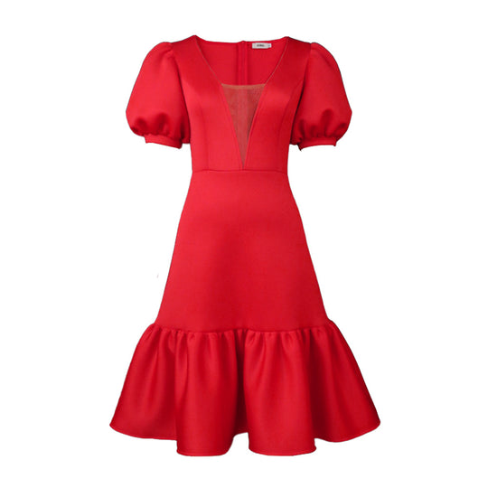 Damen elegantes Fit-and-Flare Kleid mit Puffärmeln R&B