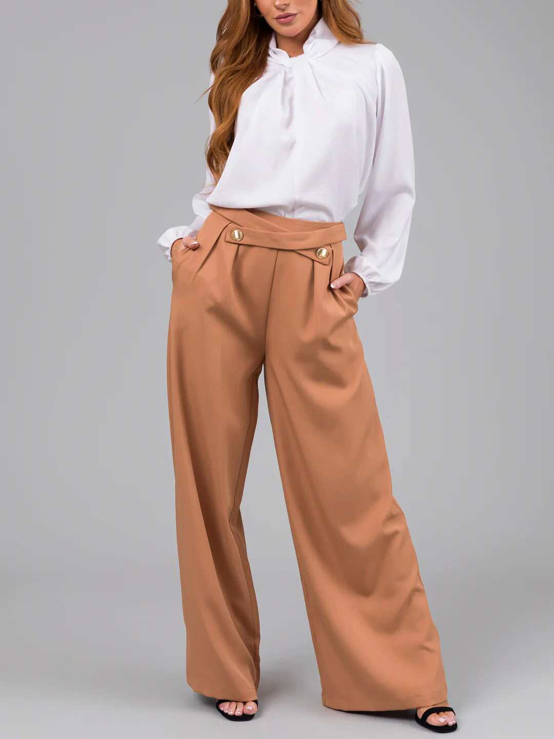 Damen Weite High-Waist-Hose mit eleganter Knopfdetails und figurverleihendem Schnitt R&B