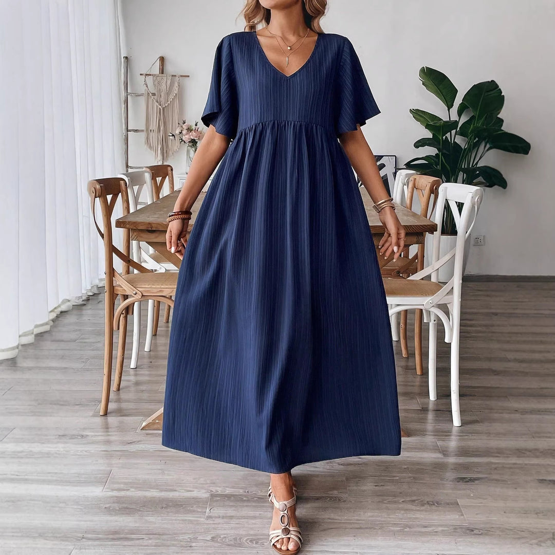 Damen Maxikleid mit feinen Falten und V-Ausschnitt R&B