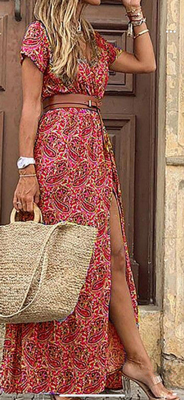 Damen Maxikleid mit floralem Paisleymuster und seitlichem Schlitz R&B