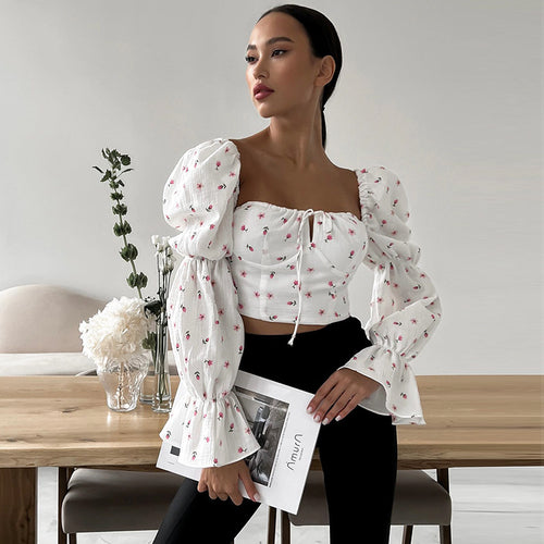 Damen Bluse mit Puffärmeln und Blumendruck R&B
