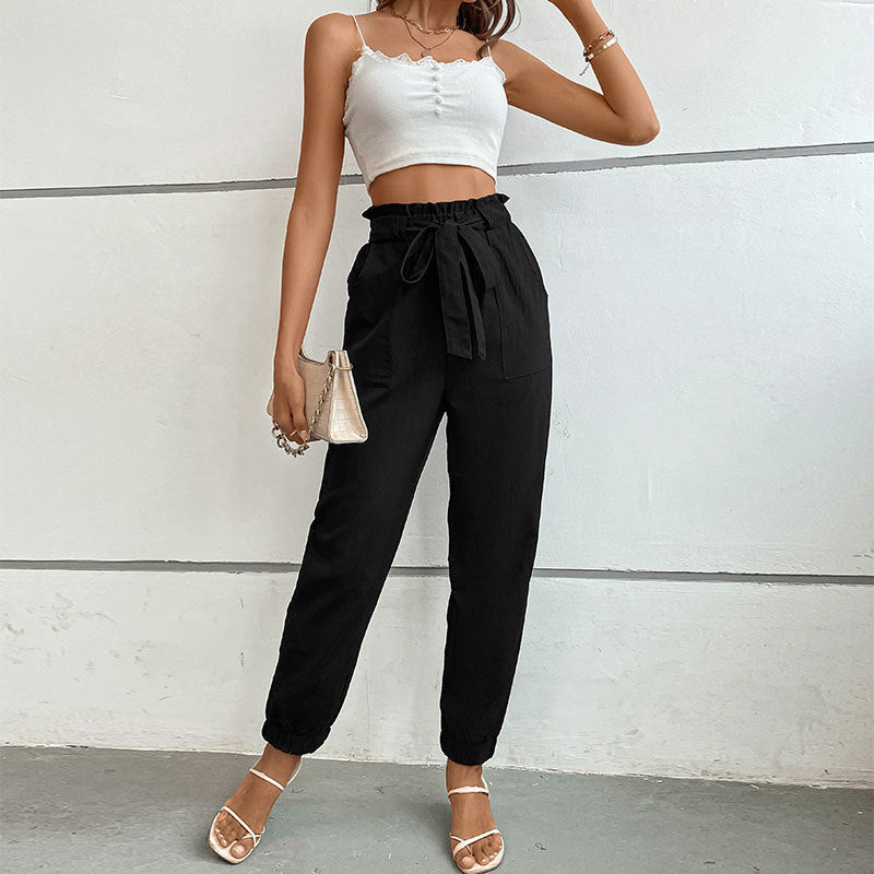 Damen lässige Stoffhose mit elastischem Bund und Bindegürtel R&B